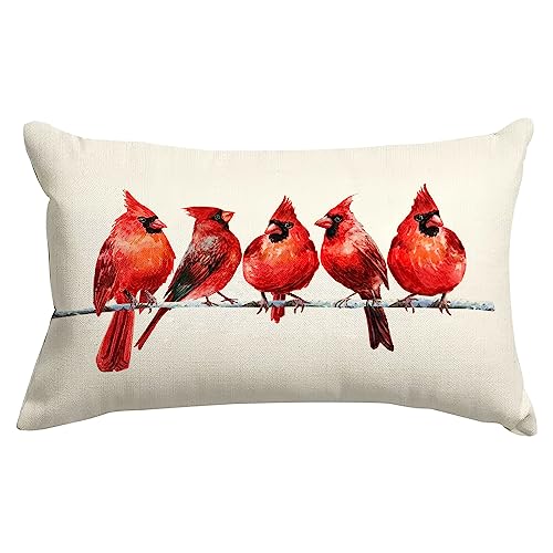 Watercolor Birds Throw Pillow Cover - Northern Cardinal 12x20