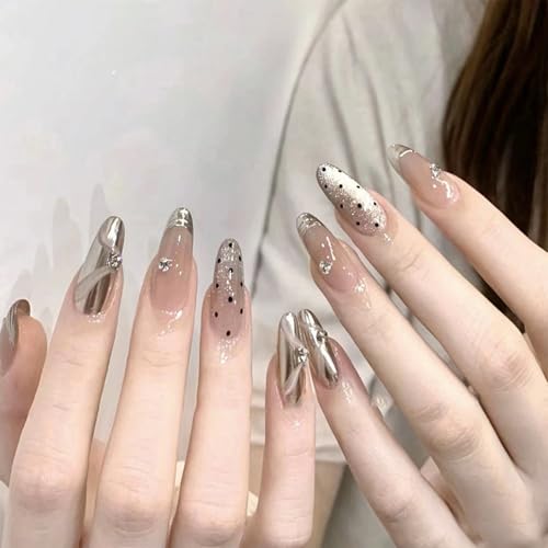 French Tip Press on Nails Medium Almond Polka Dot Ribbon Rhinestone