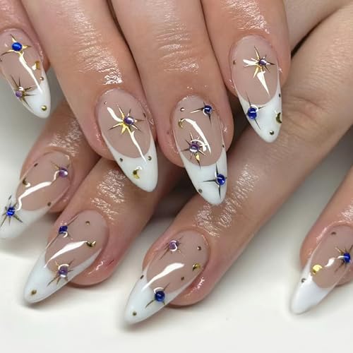White French Tip Press On Nails Medium Almond with Rhinestones 24Pcs