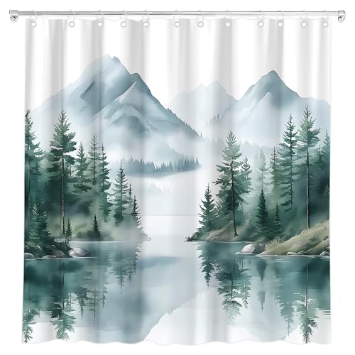 Green Misty Forest Mountain Shower Curtain - Watercolor Nature Design