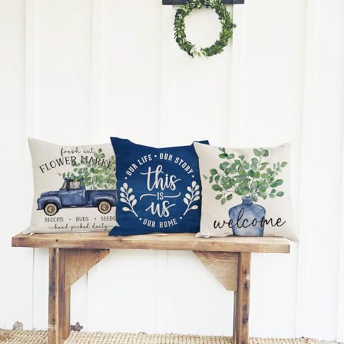 PANDICORN Spring Pillow Covers Set of 4 - Eucalyptus Leaves & Blue Vase - 20x20 Inch Decorative Throw Pillow Cases for Couch & Outdoor Decor