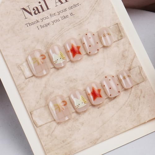 Short Round Press On Nails Creamy White Glossy Bow Star Fake Nails Kit