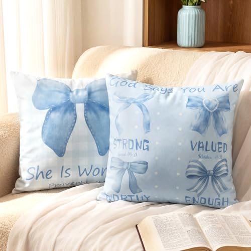 Christian Pillow Covers 18x18 - Blue Bow Bible Verse Decor