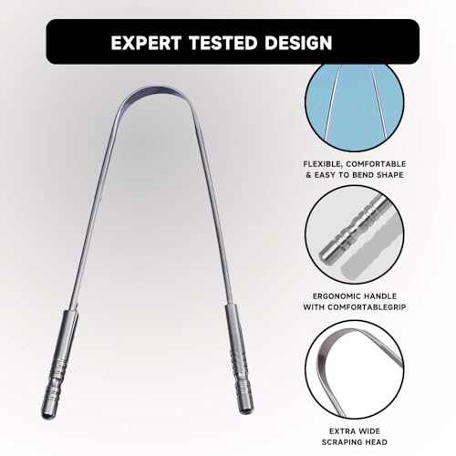 Stainless Steel Tongue Scraper 2 Pack with Travel Cases for Bad Breath