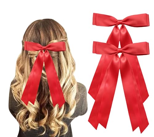 Satin Silk Long Tail Hair Bow Clip Red 2-Pack for Women and Girls