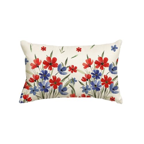 4th of July Flowers Throw Pillow Cover - 12x20 Inch Patriotic Decor