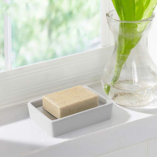 TOPSKY White Ceramic Soap Dish Holder with Stainless Steel Tray