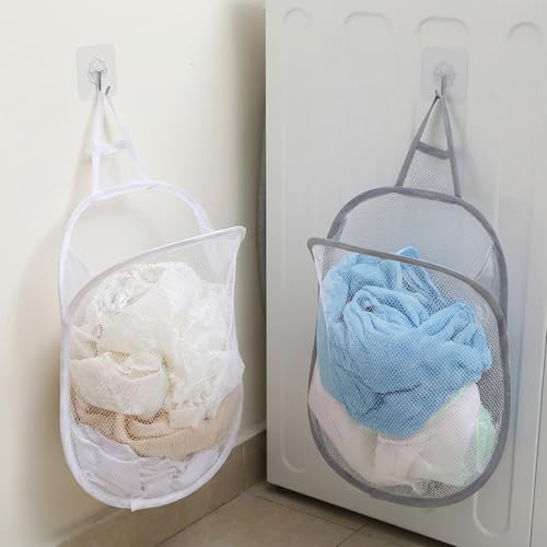Bremorou 2-Pack Small Hanging Laundry Bags - Foldable Mesh Hamper