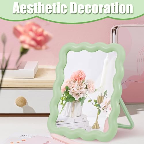 Green Wave-Shaped Adjustable Desk Mirror with Tweezer - Portable Makeup Mirror