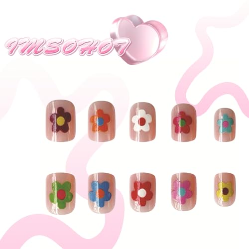 IMSOHOT Short Square Press on Nails Colorful Flower Fake Nails 24Pcs
