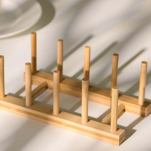 Bamboo Wooden Dish Rack Set of 4 - Space Saver for Plates, Bowls & Lids