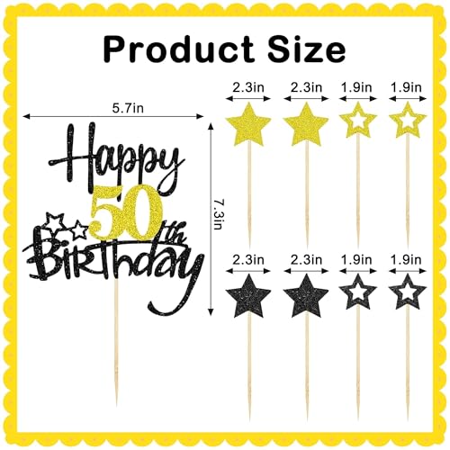 Black and Gold 50th Birthday Cake Topper Set - 9 Piece Glitter Decor