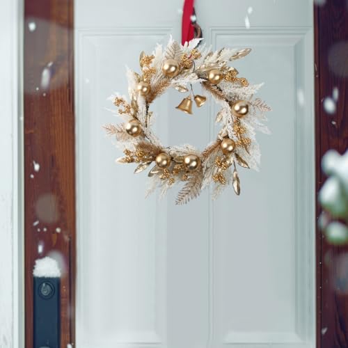 20-Inch Gold Christmas Wreath with Berries Bells and Pampas Grass for Front Door and Indoor Decor