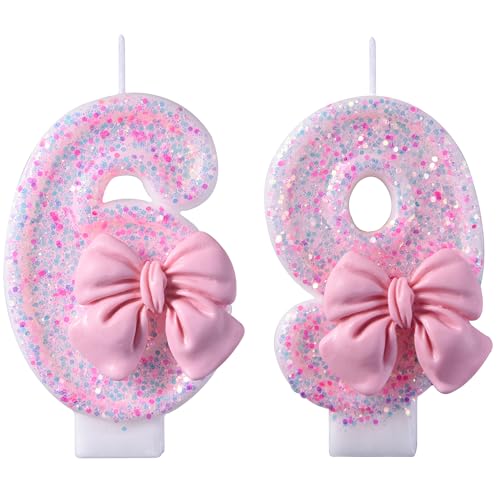 Elegant 69th 96th Birthday Candles with Pink Glitter Bow