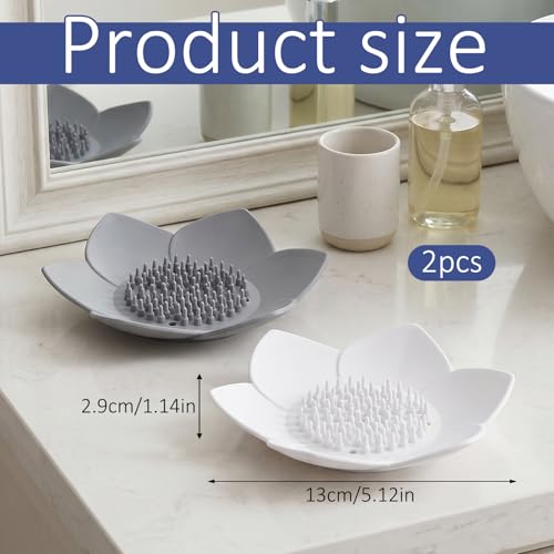 JJUNW Silicone Soap Holder - 2 Pack Self-Draining Lotus Dish