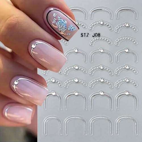 5D Embossed French Tip Silver Nail Stickers with Crystal Rhinestones 3 Sheets