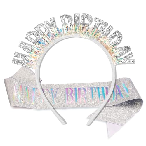 Silver Birthday Headband and Sash Set for Women and Girls