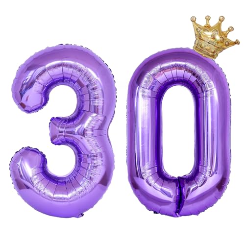 Purple Number 30 Foil Balloon Set with Gold Crown for 30th Birthday Party Decorations