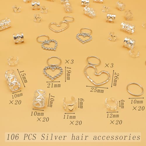 106 Pcs Silver Heart Hair Jewelry Clips Metal Cuffs for Braids Locs