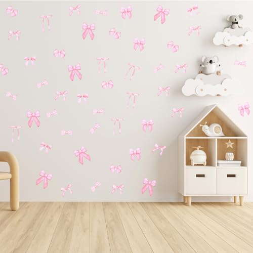 56 Pcs Pink Bow Wall Stickers - Watercolor Aesthetic Decor
