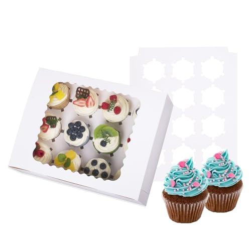 LONGTEAM 12-Count Cupcake Boxes with Window & Inserts - White, 6-Pack