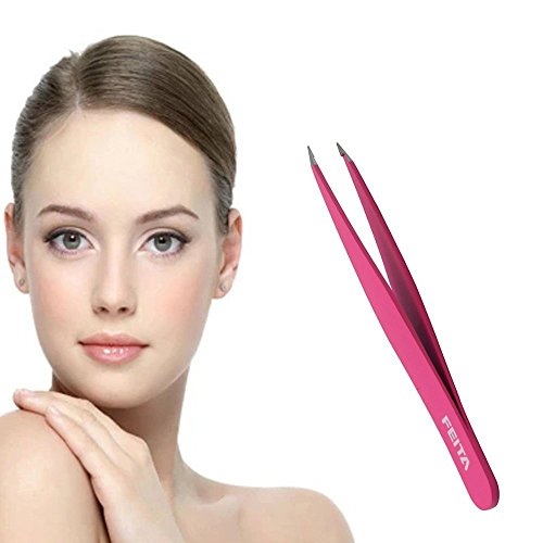FEITA Professional Stainless Steel Eyebrow Tweezers Set - Pink Slant & Pointed Hair Removal Clip with Travel Case, 2 Pcs