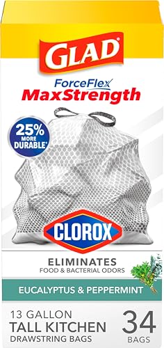 Glad ForceFlex MaxStrength 13 Gal Trash Bags with Clorox Eucalyptus & Peppermint Scent, 34 Count