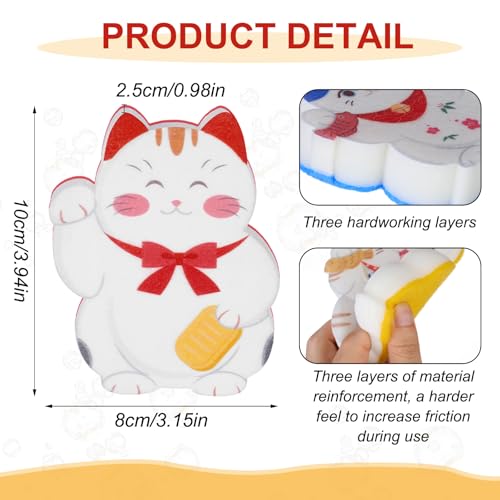 Sunnychicc Lucky Cat Kitchen Sponges - 6 Piece Non-Scratch Scrub Set