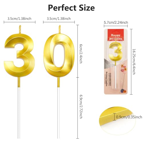 Gold Number 30 Birthday Candles - Elegant Cake Topper Set