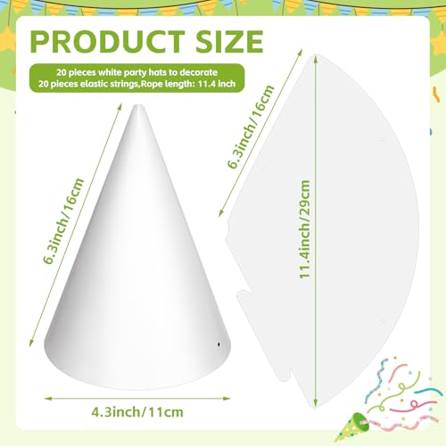 White Paper Party Hats - DIY Decorative Cone Hats for Crafts (20 Pack)