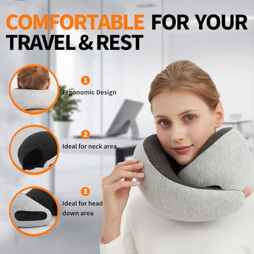 Memory Foam Travel Neck Pillow - Ergonomic & Compact Design for Airplane & Road Trips (Grey)