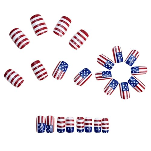 USA Flag Press on Nails Medium Square French Glossy Fake Nails 24Pcs