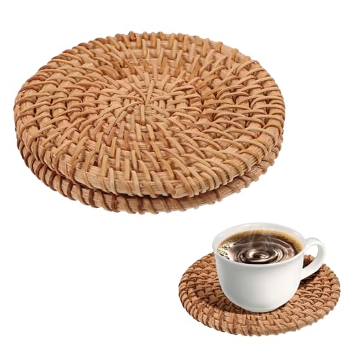 Oruola Natural Rattan Woven Coasters - Set of 2, 3.93 Inch Boho Drink Coasters for Hot Beverages