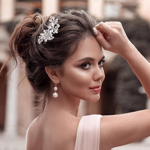 Ahltoiex 2 Pcs Rhinestone Silver Flower Hair Clips for Bridal Wedding