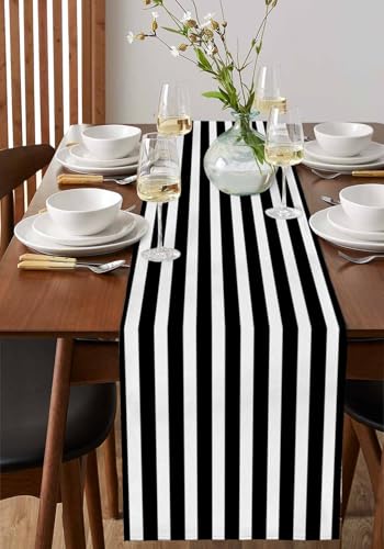Black White Striped Table Runner 13x48 Inches for Dining & Holiday Decor - Farmhouse Style