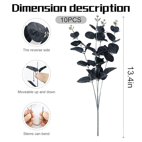 10 Pcs Black Artificial Eucalyptus Stems - Halloween Home Decor