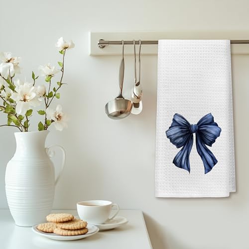 PIUD Navy Blue Bow Kitchen Towels, Preppy Waffle-Weave Hand Towels 16x24