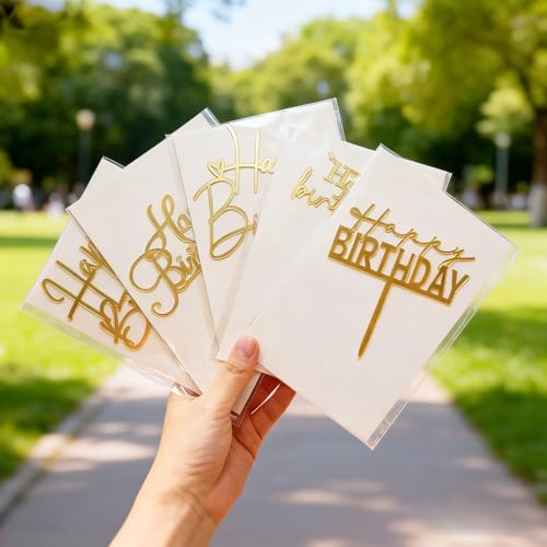 Gold Happy Birthday Cake Toppers 5-Pack - Reusable Acrylic Decorations