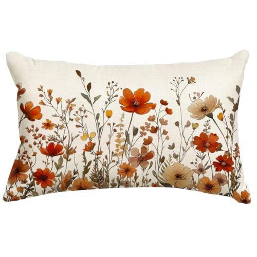 RABUSOFA Rust Floral Fall Throw Pillow Cover, 12x20 Inch Farmhouse Decor