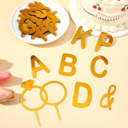 Gold Wedding Cake Topper Set with Acrylic Letters & Diamond Ring