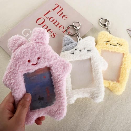 Zhuluck White Cute Plush Photocard Holder Keychain Cartoon Animal Photo Sleeve
