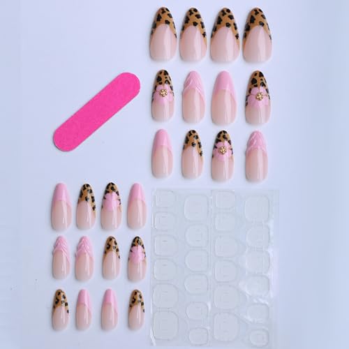 Leopard French Tip Press on Nails Medium Almond Fake Nails 3D Pearl