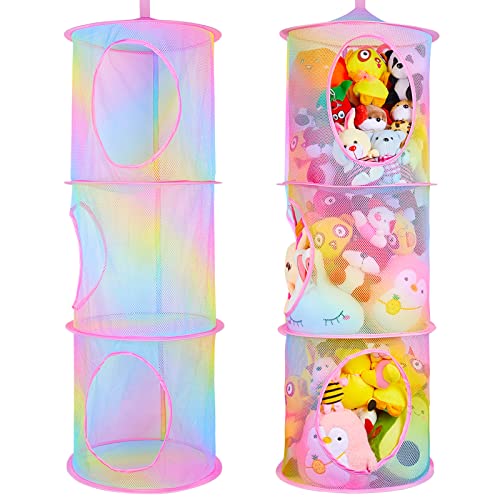 Basumee 2-Pack Hanging Stuffed Animal Storage Hammock, 3-Tier Mesh Organizer for Kids' Room