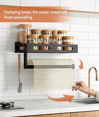Wall Mount Paper Towel Holder with Shelf and Hooks - Matte Black