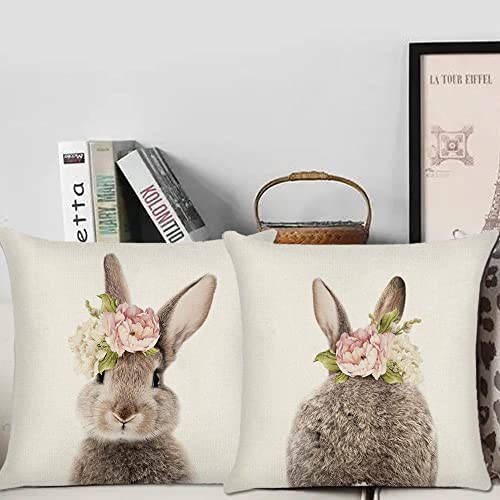 Easter Bunny Throw Pillow Covers 18x18 - Set of 2 Linen Decor