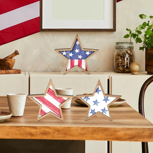 COCHIE Retro 4th of July Wooden Star Decorations Set of 3