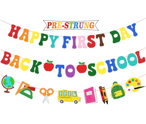 Happy First Day Back to School Banner - Colorful Decor (Red, Purple, Green, Blue, Grey, Pink)