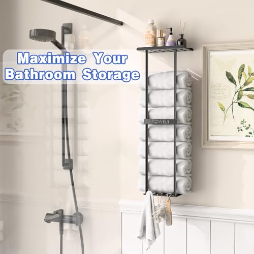 DwellDeal Wall Mounted Towel Rack with Shelf & 3 Hooks - Black Metal