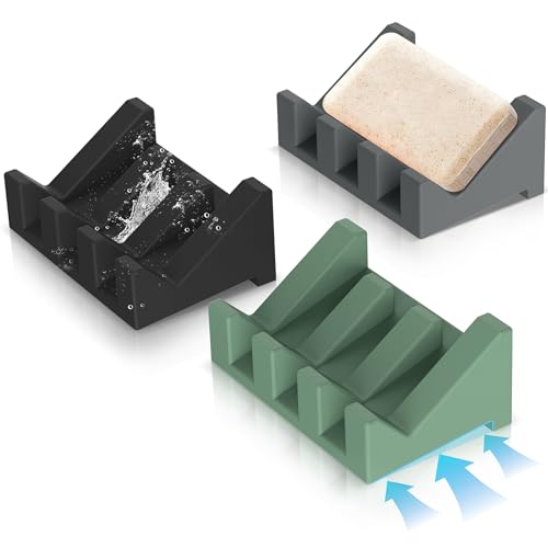 EGWON Silicone Soap Dish Set - 3PCS Self Draining Holder (Gray, Black, Green)