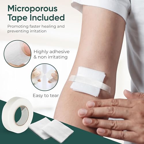 100 pc Large Gauze Pads Sterile for Wounds Bulk 2x2 | Includes 15 Alcohol Wipes & 1 Medical Tape | Non Stick Gauze Pads Sponges | Breathable Mesh First Aid Medical Supplies for Wound Care